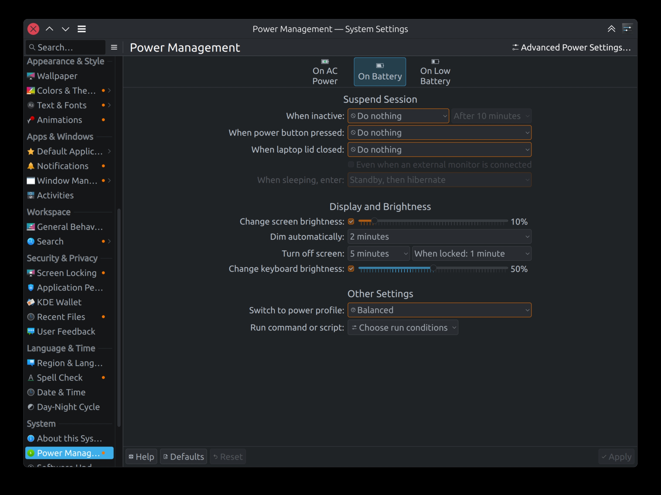 KDE PowerDevil Settings Window